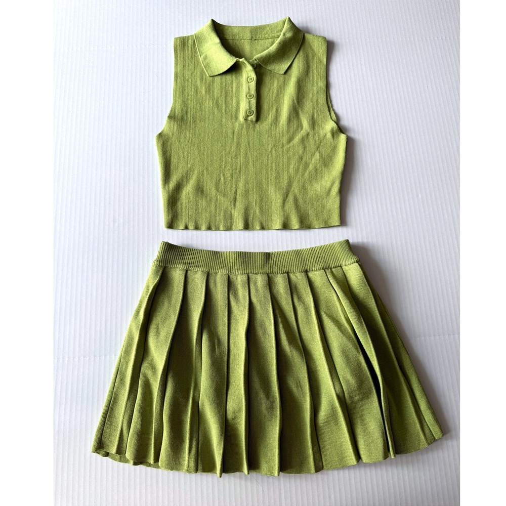 Lime Green Knit Tennis Skirt Set Women M Sleeveless Polo Crop Top Pleated Skort
